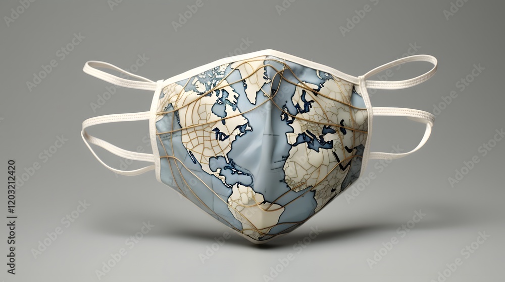 Poster protective face mask with a global design showcasing the spreading lines of infection symbolizing th
