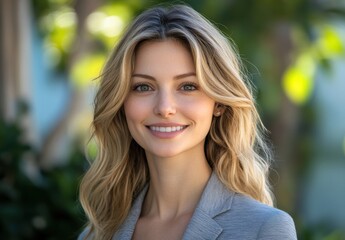 Obraz premium Confident young woman with long blonde hair and natural makeup smiling outdoors in a professional gray blazer with soft sunlight background