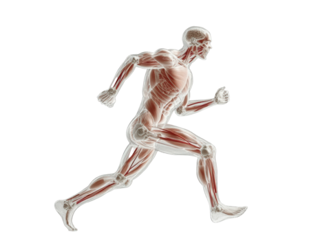 Isolated Transparent Human Body with Red Muscles Running
