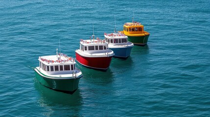 A vibrant display of colorful boats floating on clear blue water, showcasing a serene maritime scene.