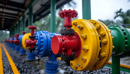 Colorful industrial valves, pipeline, plant, outdoor, control, energy