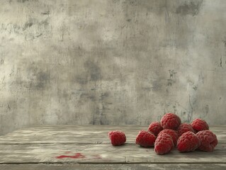 Rustic wooden table displays vibrant red raspberries bathed in soft light against a textured gray wall. AI Generated