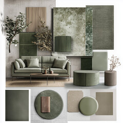 concept moodboard furniture, accessories and textiles for coffee shop minimalistic and contemporary style with hints of green colors
