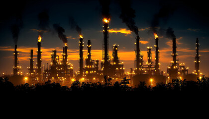 Fototapeta premium Night Refinery Flames, Pollution, Industry, Sunset