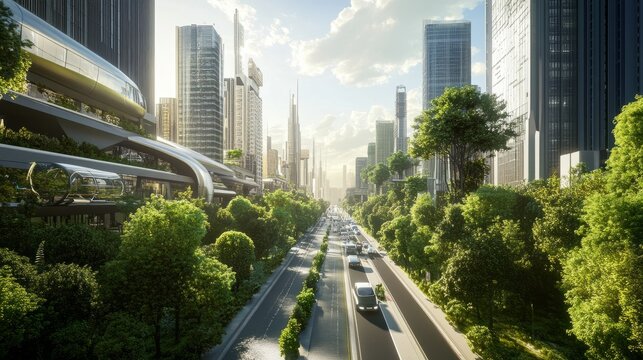 A scenic view of a smart city with contemporary architecture, green trees, and clean energy cars driving along an eco-friendly urban street