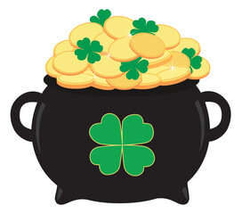Pot of gold coins with green clover leaves, symbol of St's Patrick Day celebration. Vector illustration.