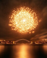 Obraz premium A dazzling display of fireworks illuminates the night sky above the Sydney Harbour Bridge, reflecting beautifully on the water below.