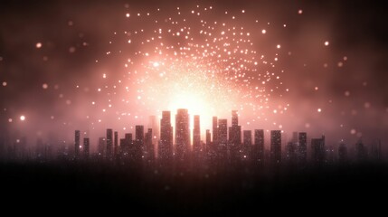 A glowing city skyline emerges from a foggy backdrop, with radiant sparks illuminating the scene, creating a mysterious and atmospheric vibe.