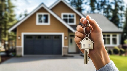Hand holding house key symbolizes new homeownership, with a house in the background.