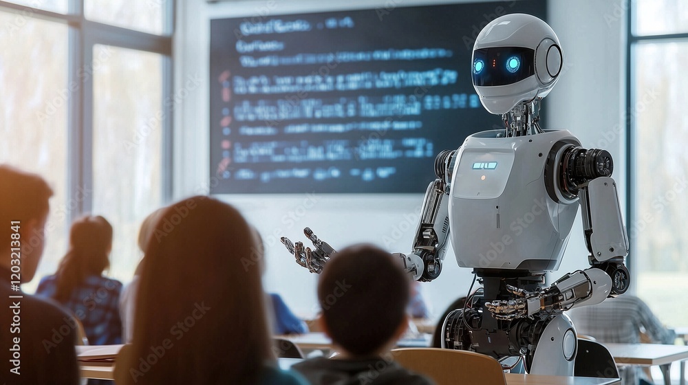 Poster robot teaching students in a classroom, symbolizing ai-driven education.