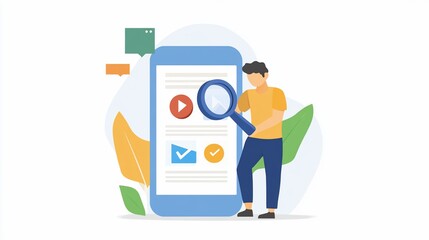 Man using magnifying glass to search information on mobile phone.