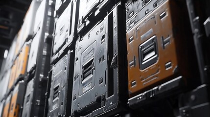 Close-up of a wall of futuristic, metallic panels with varying colors and textures.