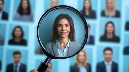 Magnifying glass focuses on a woman's photo among others, symbolizing employee evaluation.