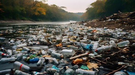 Polluted riverbank littered with an abundance of plastic bottles and various types of waste