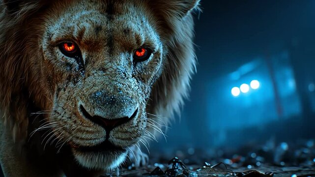 A fierce lion with glowing eyes prowling through a dark, mysterious environment.