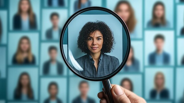 Magnifying glass highlights new talent among employee portraits.