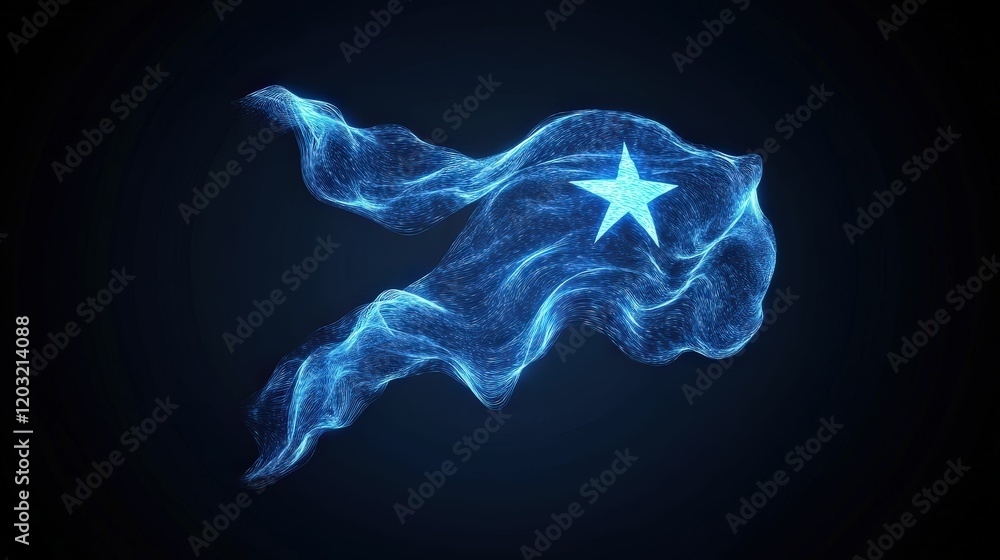 Poster a digital representation of a blue flag with a white star, creating a futuristic and energetic visua