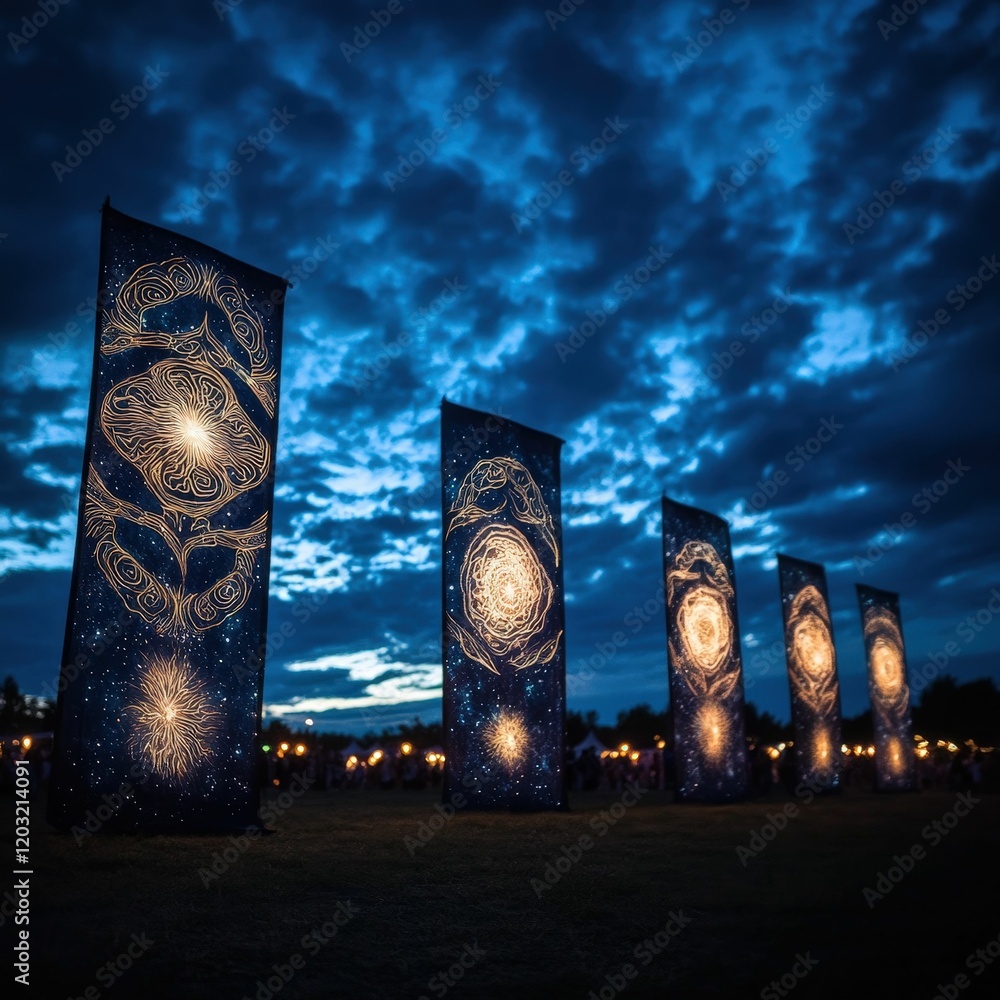 Aufkleber the image features illuminated banners depicting cosmic designs against a twilight sky, creating a m