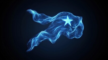 A digital representation of a blue flag with a white star, creating a futuristic and energetic visual effect.