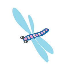 A delicate pink dragonfly with bright blue wings in flight. Whimsical and serene illustration capturing garden charm and vibrant summer vibes.