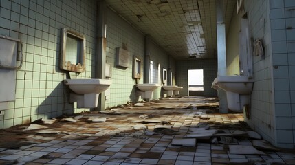 Obraz premium Dilapidated and Poorly Maintained Public Restroom Interior with Broken Tiles Wet Floors and Signs of Neglect