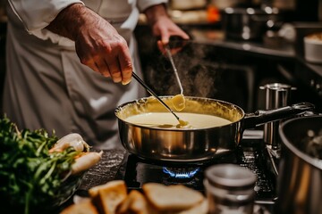 Chef stirring creamy cheese fondue in a pot on a stove.