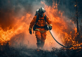 Firefighter bravely battles raging wildfire.