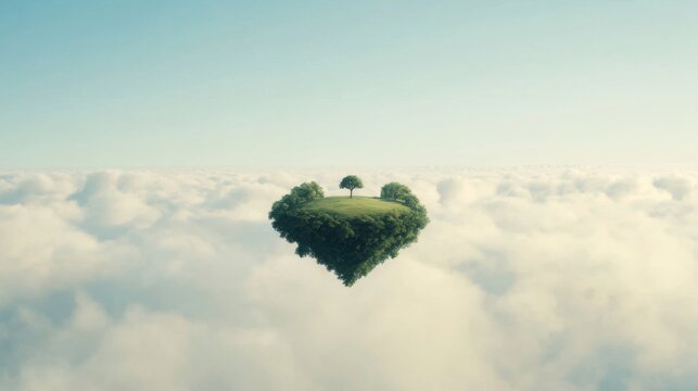 Heart-shaped island floating above clouds, single tree.