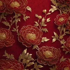 Create a luxurious red wallpaper background for Chinese New Year, featuring intricate traditional Chinese patterns such as peonies, lanterns, and golden accents. 