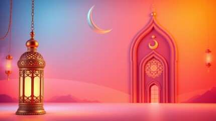 Obraz premium Ramadan Kareem background, 3D rendered with a modern, luxurious aesthetic. An ornate Arabic lantern, a metallic moon, and a mosque portal are the main