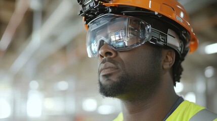 Construction worker wearing AR glasses and safety helmet.