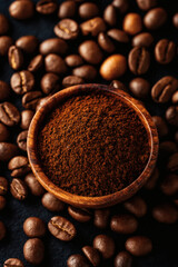 Coffee Beans Closeup On Dark Background