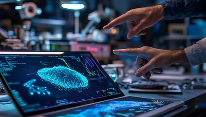 Scientists collaborate, pointing at a 3D model of a cell on a laptop screen in a lab.