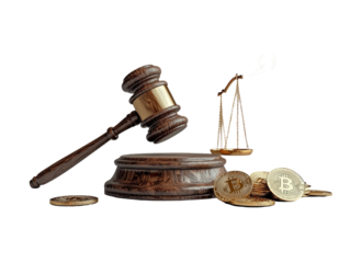 Isolated Gavel, Scale, and Bitcoin Coins