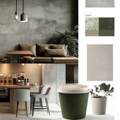 concept moodboard furniture, accessories and textiles for coffee shop minimalistic and contemporary style with hints of green colors
