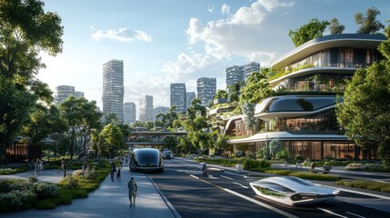 Obraz premium An eco-friendly urban landscape with modern city streets, green trees, and futuristic buildings, highlighting a sustainable environment