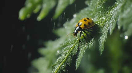 Yellow ladybug on a rain-soaked leaf.