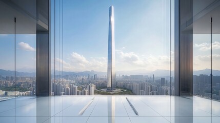 Modern office with panoramic city and skyscraper view.