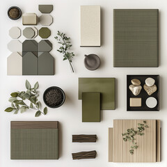 concept moodboard furniture, accessories and textiles for coffee shop minimalistic and contemporary style with hints of green colors

