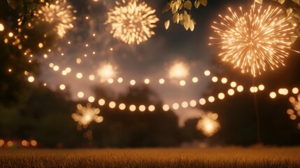 Fototapeta premium Festive fireworks display over rural fields evening celebration vibrant light show outdoor atmosphere rural landscape