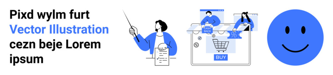 Business team analyzing chart while discussing online shopping strategies. Smiling emotion representing customer satisfaction. Ideal for presentations, e-commerce, customer service, digital