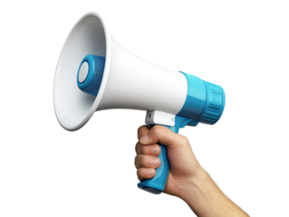 Isolated Hand Holding White and Blue Megaphone