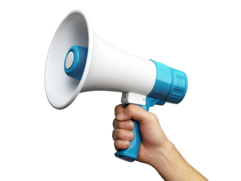 Isolated Hand Holding White and Blue Megaphone - Powered by Adobe