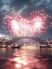 Obraz premium Celebratory fireworks over sydney harbour bridge with boats australia day celebration nighttime spectacle stunning viewpoint