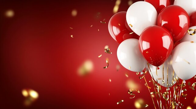 Red white balloons joyfully float gold confetti bursts. AI Generated
