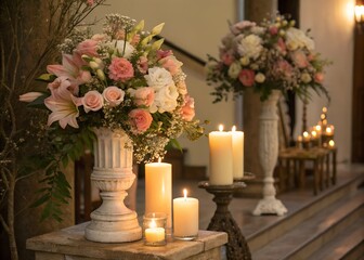 A beautiful scene featuring elegant flowers and flickering candles. The warm glow creates a serene atmosphere, perfect for celebrations and special events
