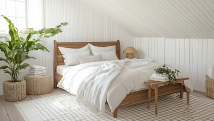 Cozy attic bedroom with wooden bed, white linens, and plants.