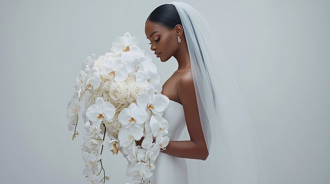 Bride in white dress holding large orchid bouquet.
