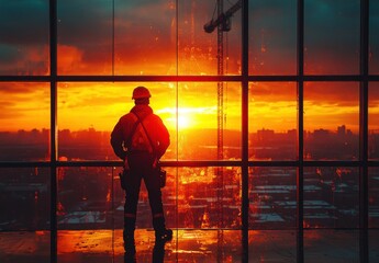 Construction Worker Silhouetted Against Breathtaking Sunset View from a Highrise Building Under Construction, Emphasizing Hard Work and Dedication in Urban Environment