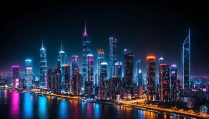 Fototapeta premium Vibrant Metropolis at Night: A City of Neon Lights